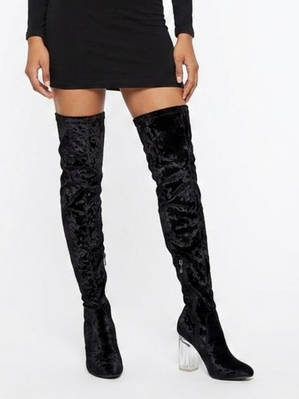 Cape Robbin Cyber Goth FAY-15 Black Velvet Thigh High Clear Block Heel Boots 6.5